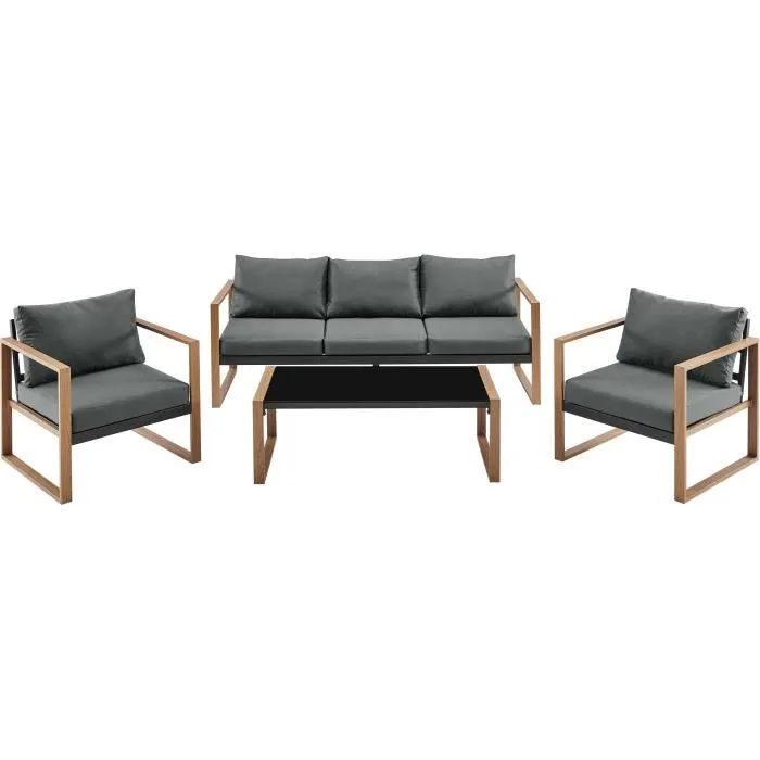 Salon Bas de Jardin en Aluminium Effet Bois – Élégance et Confort pour vos Extérieurs