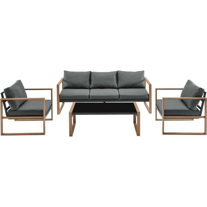 Salon Bas de Jardin en Aluminium Effet Bois – Élégance et Confort pour vos Extérieurs